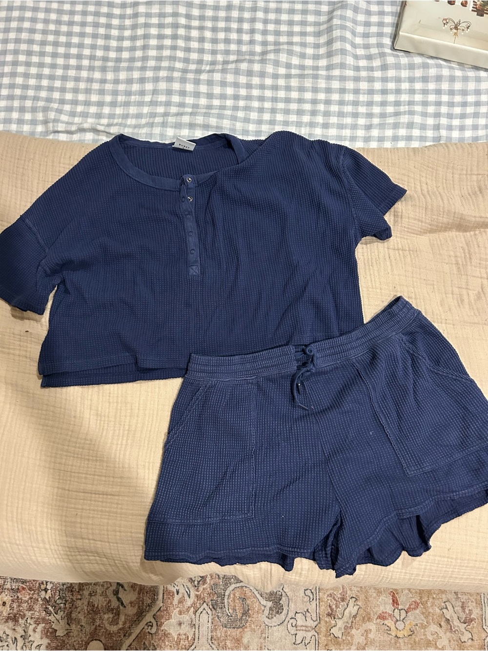 aerie Navy Waffle Knit Henley Crop Top & Shorts Set